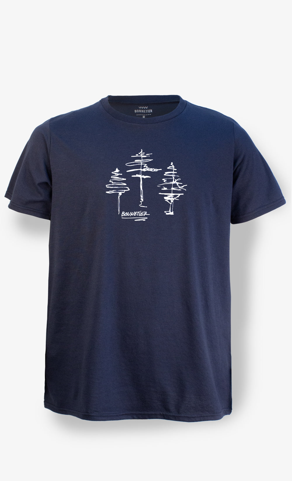 Alt texte : T-shirt homme marine imprimé TROIS ARBRES, coton bio et polyester recyclé, BONNETIER