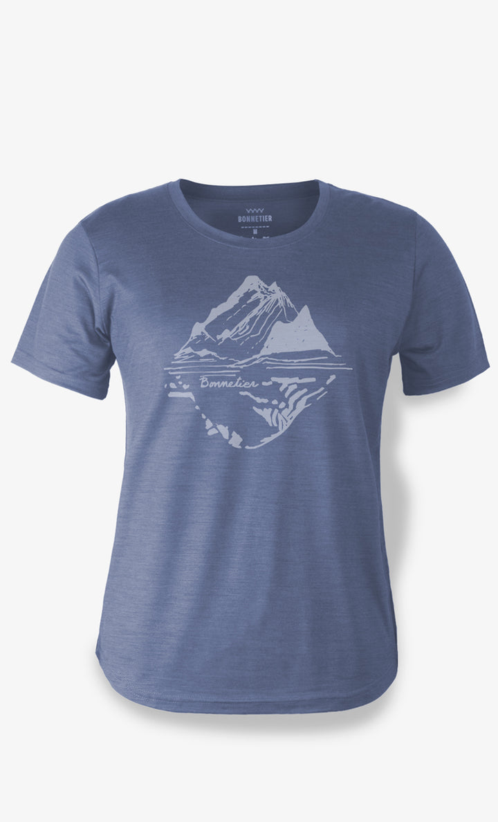 Haut à manches courtes en laine mérinos bleu gris imprimé Bic, respirant, léger et thermorégulateur, parfait pour le plein air et les voyages.