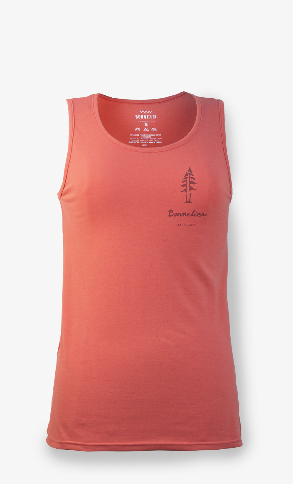 Camisole tomate imprimé demi-arbre, en coton biologique et polyester recyclé. Confortable, écoresponsable et fabriquée au Québec.