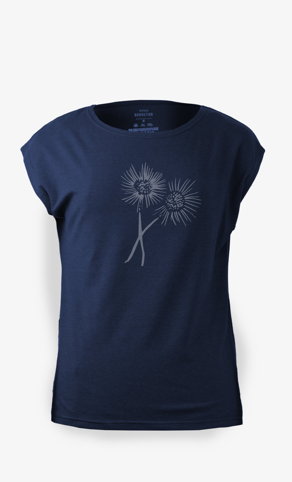 T-shirt femme marine Madrid Dandelion avec imprimé pissenlit, coton bio et polyester recyclé, fabrication locale au Québec.