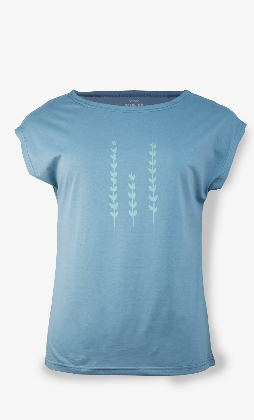 T-shirt Madrid femme turquoise en coton organique avec imprimé Herbe, manches courtes, fabriqué au Canada BONNETIER