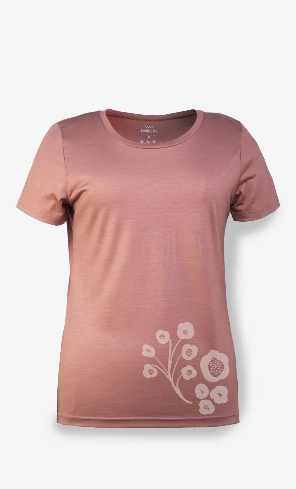 T-shirt femme en laine de mérinos saumon avec imprimé fleur BONNETIER