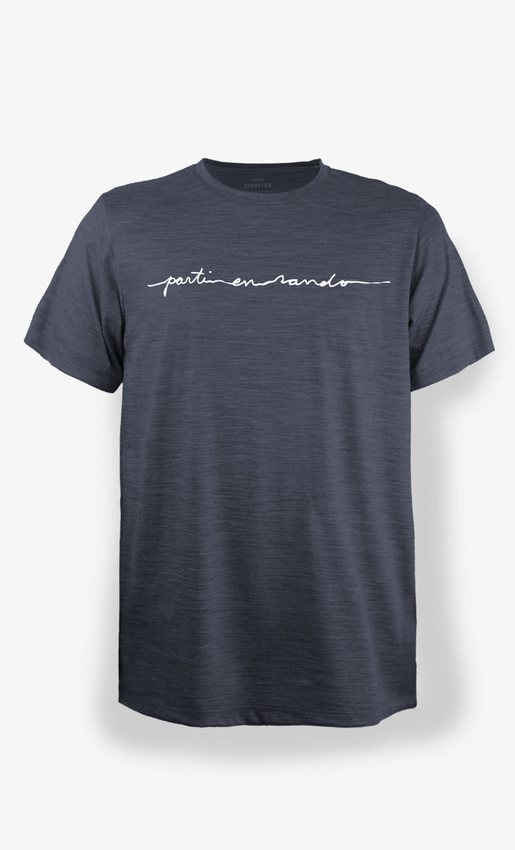 Alt texte image : T-shirt mérinos homme charbon chiné avec imprimé Parti En Rando