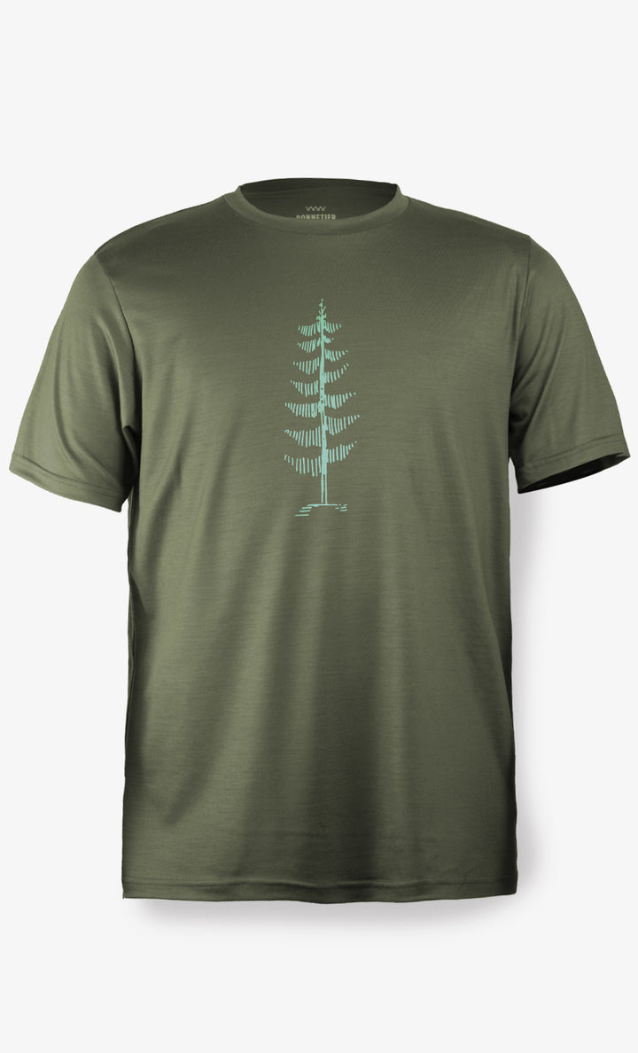 T-shirt homme en laine mérinos vert gris, ultra léger, doux et respirant, conçu pour le confort et la performance en plein air.