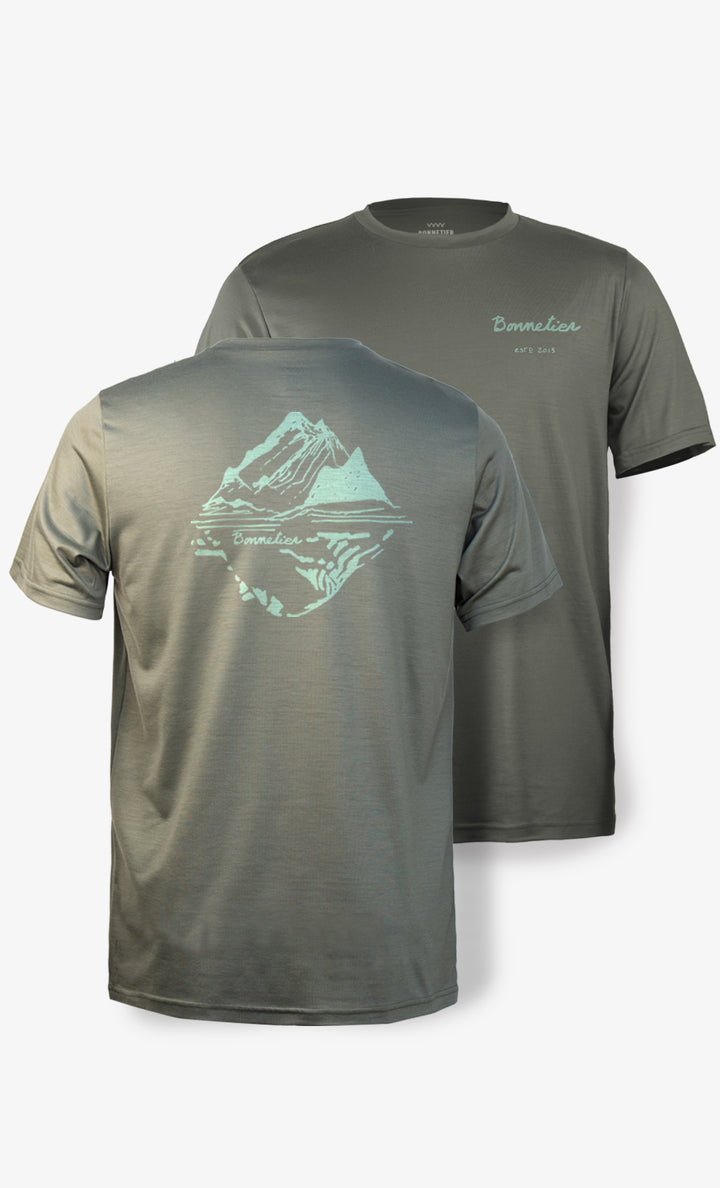 T-shirt en laine mérinos vert gris ultra léger pour homme, respirant, doux et écoresponsable, parfait pour le voyage, la randonnée et le quotidien.