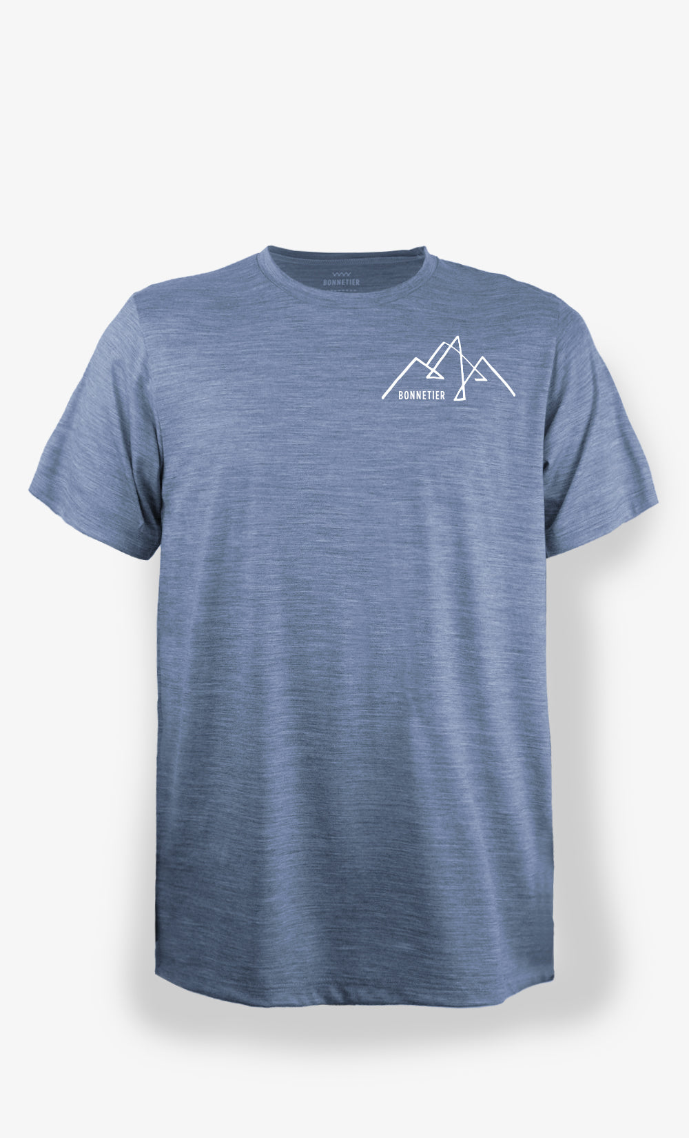 T-shirt mérinos homme bleu gris ultra léger avec imprimé paysage, idéal pour le voyage, la randonnée et le quotidien. Confortable, respirant et durable.