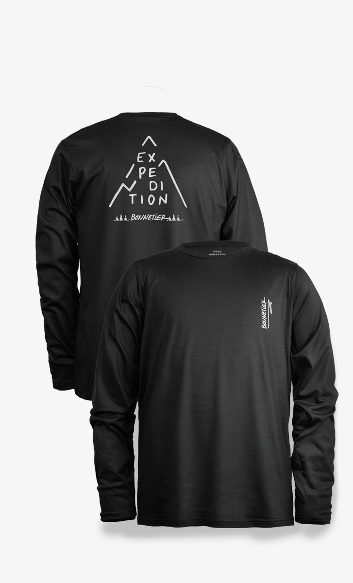 Chandail noir en laine mérinos avec motif expédition au dos, manches longues, idéal pour les aventures