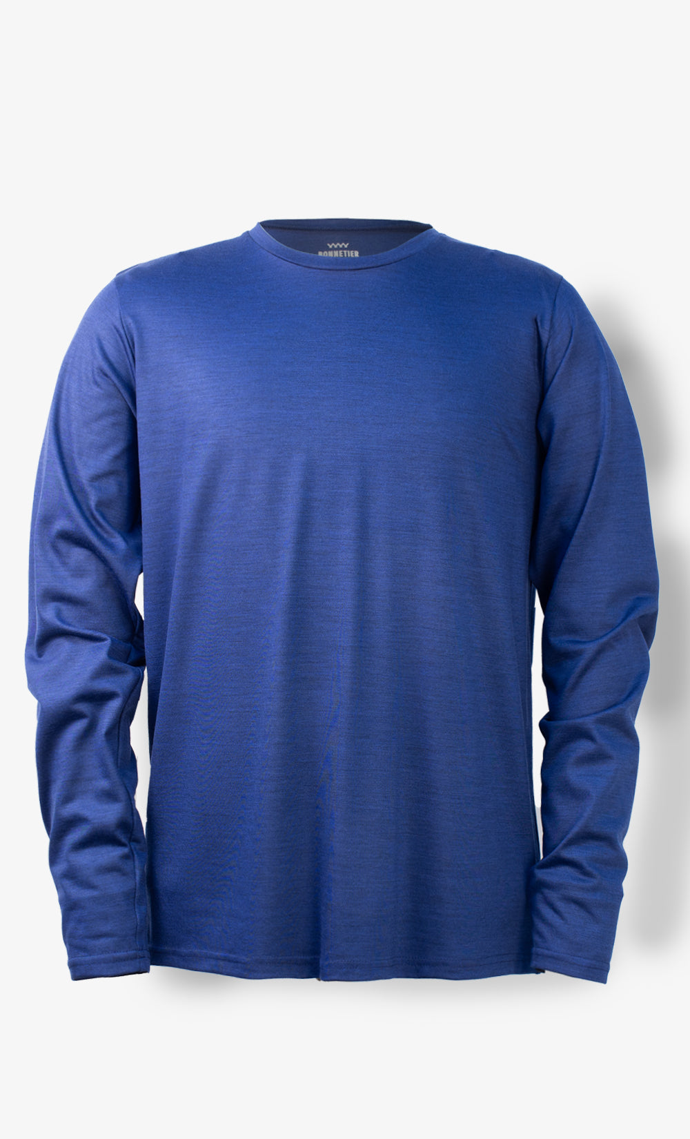 Chandail à manches longues en laine de mérinos bleu chiné pour homme BONNETIER fabriqué au Canada.