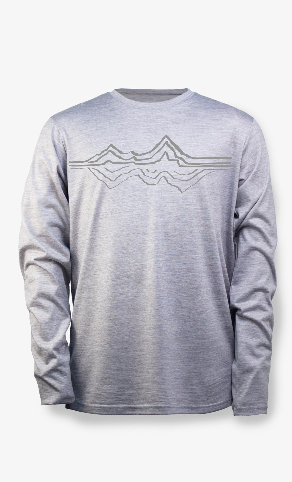 Chandail manches longues en laine de mérinos gris athlétique pour homme avec imprimé montagne BONNETIER fabriqué au Canada