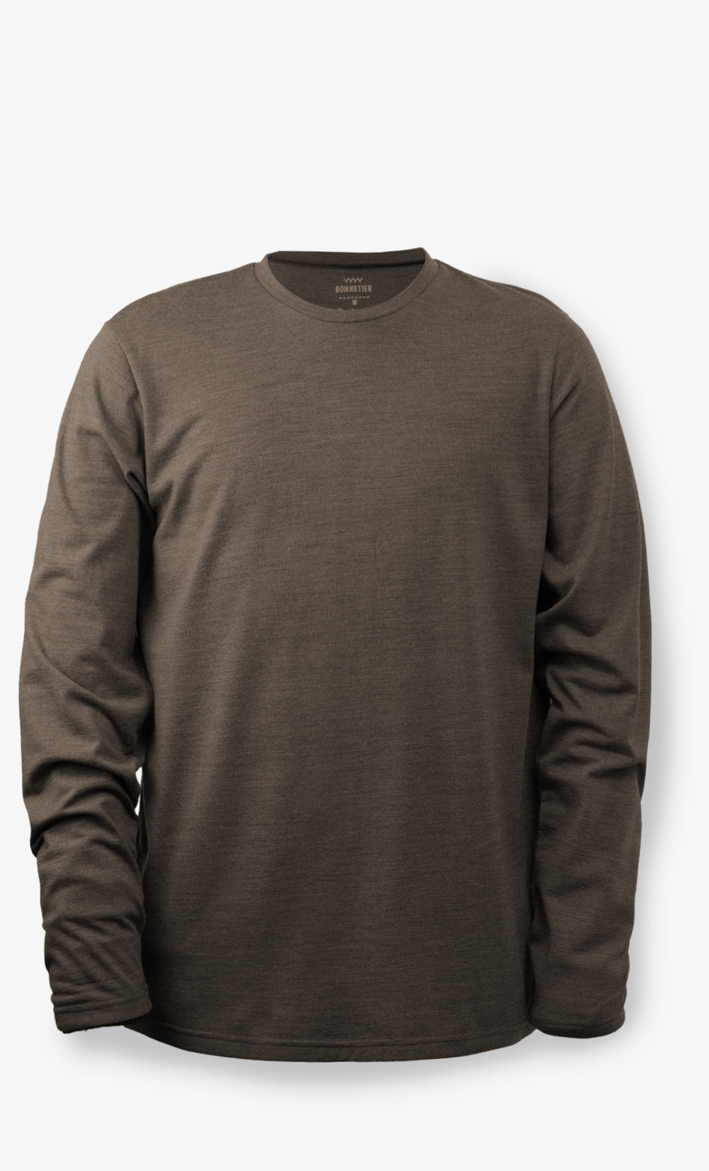 Chandail TechCrew Flanelle en laine mérinos brun uni pour homme à manches longues, fabriqué au Canada.