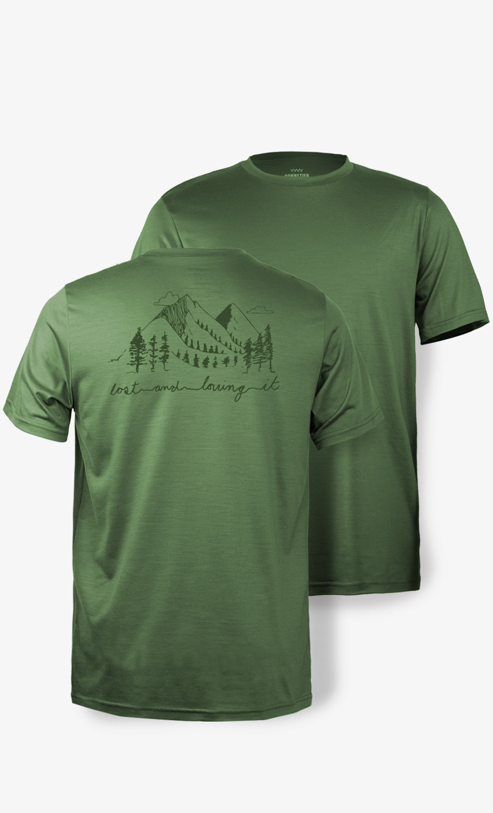 T-shirt mérinos homme kaki BONNETIER ultra léger avec illustration montagne Lost au dos fabriqué au Canada