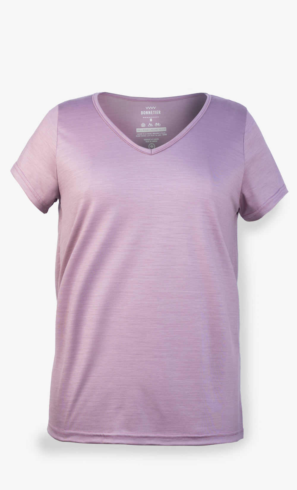 T-shirt mérinos femme col V mauve pâle uni – BONNETIER