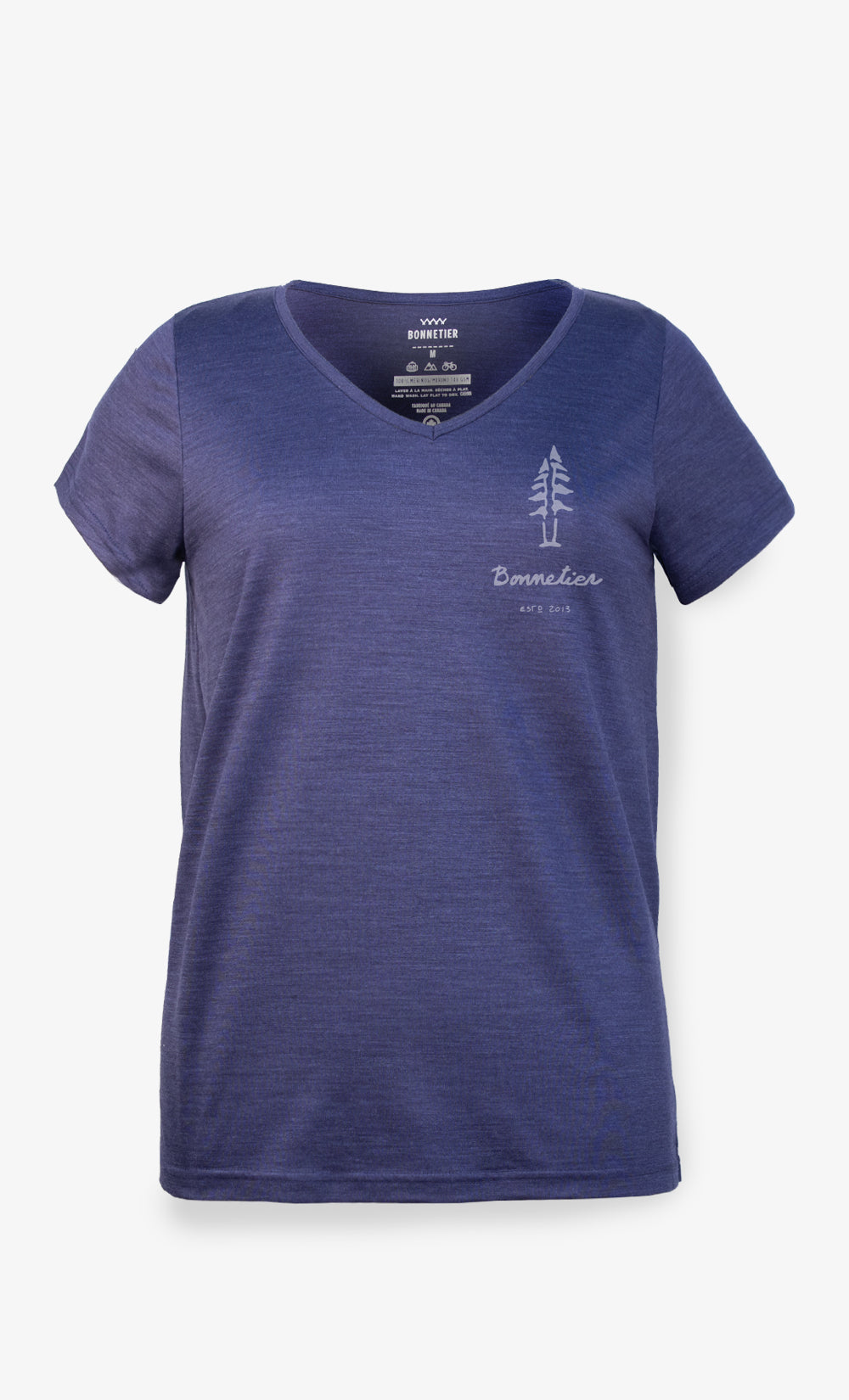T-shirt femme col V en mérinos bleu nuit avec imprimé demi arbre BONNETIER